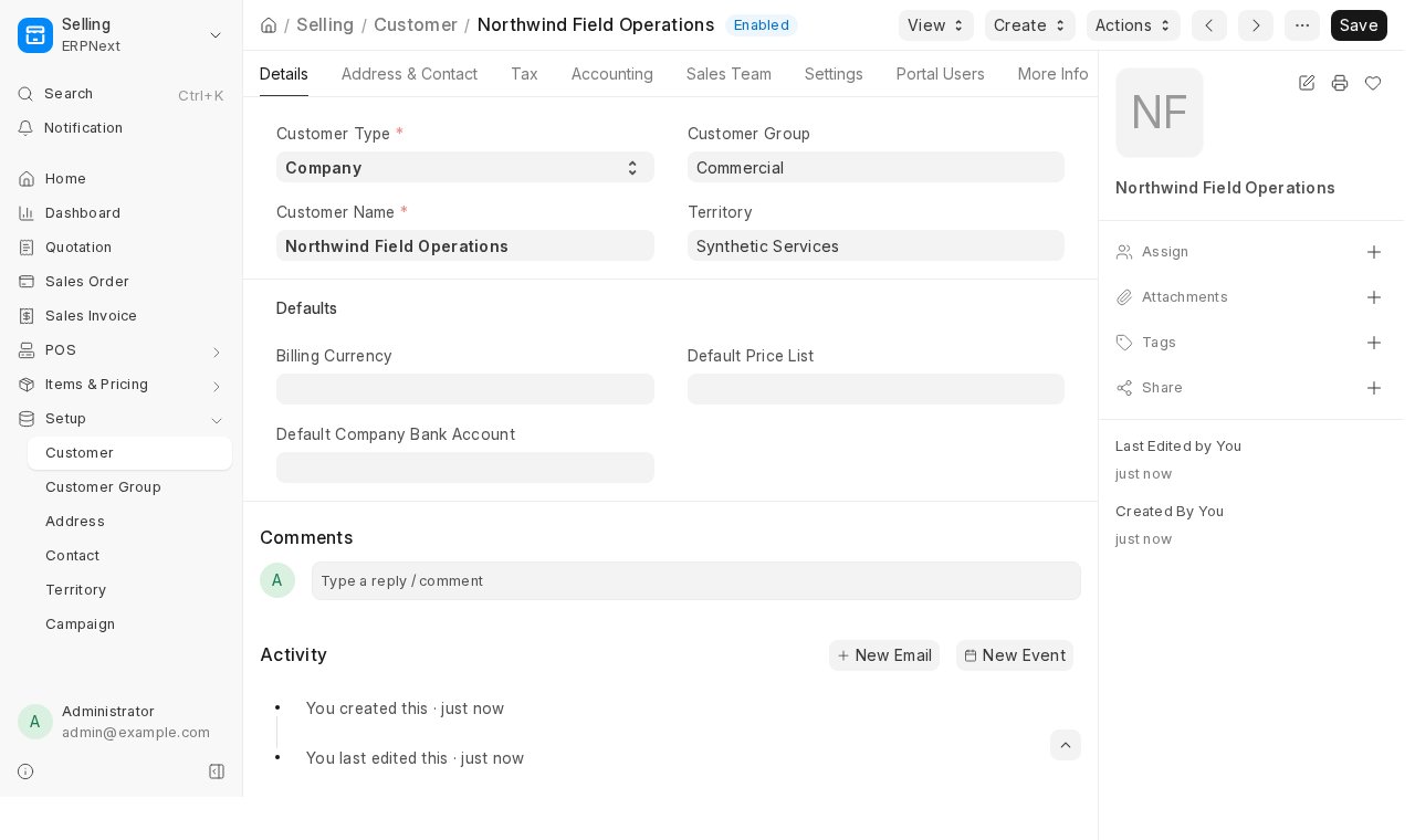 ERPNext customer record populated with example company data