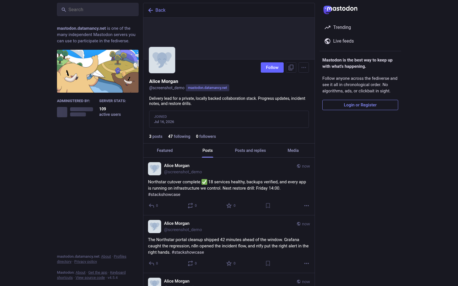 Mastodon profile for delivery lead Alice Morgan with operational updates about a cutover, backups, alerts, and a restore drill