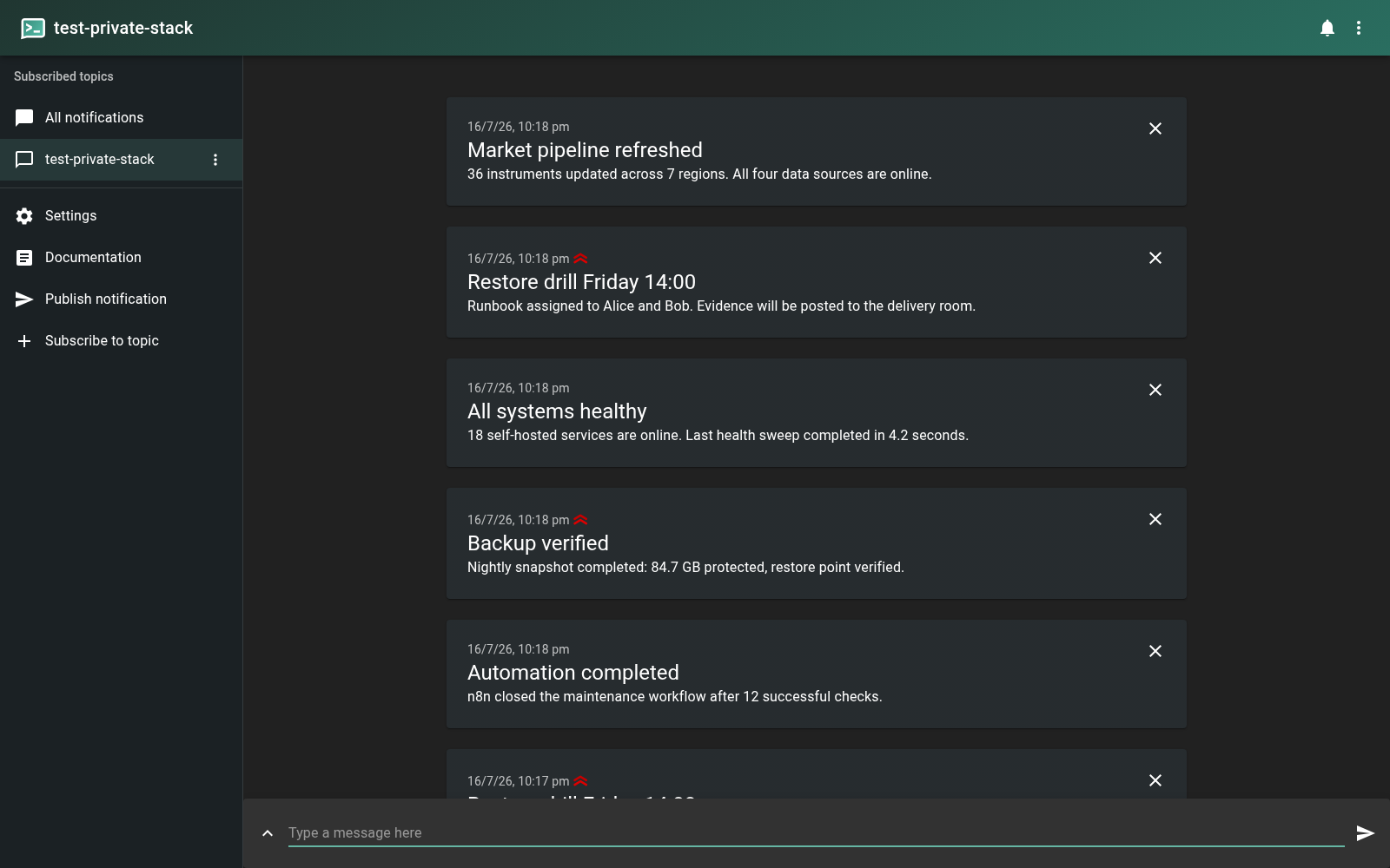 ntfy private topic containing health, backup, data refresh, automation, and restore-drill notifications