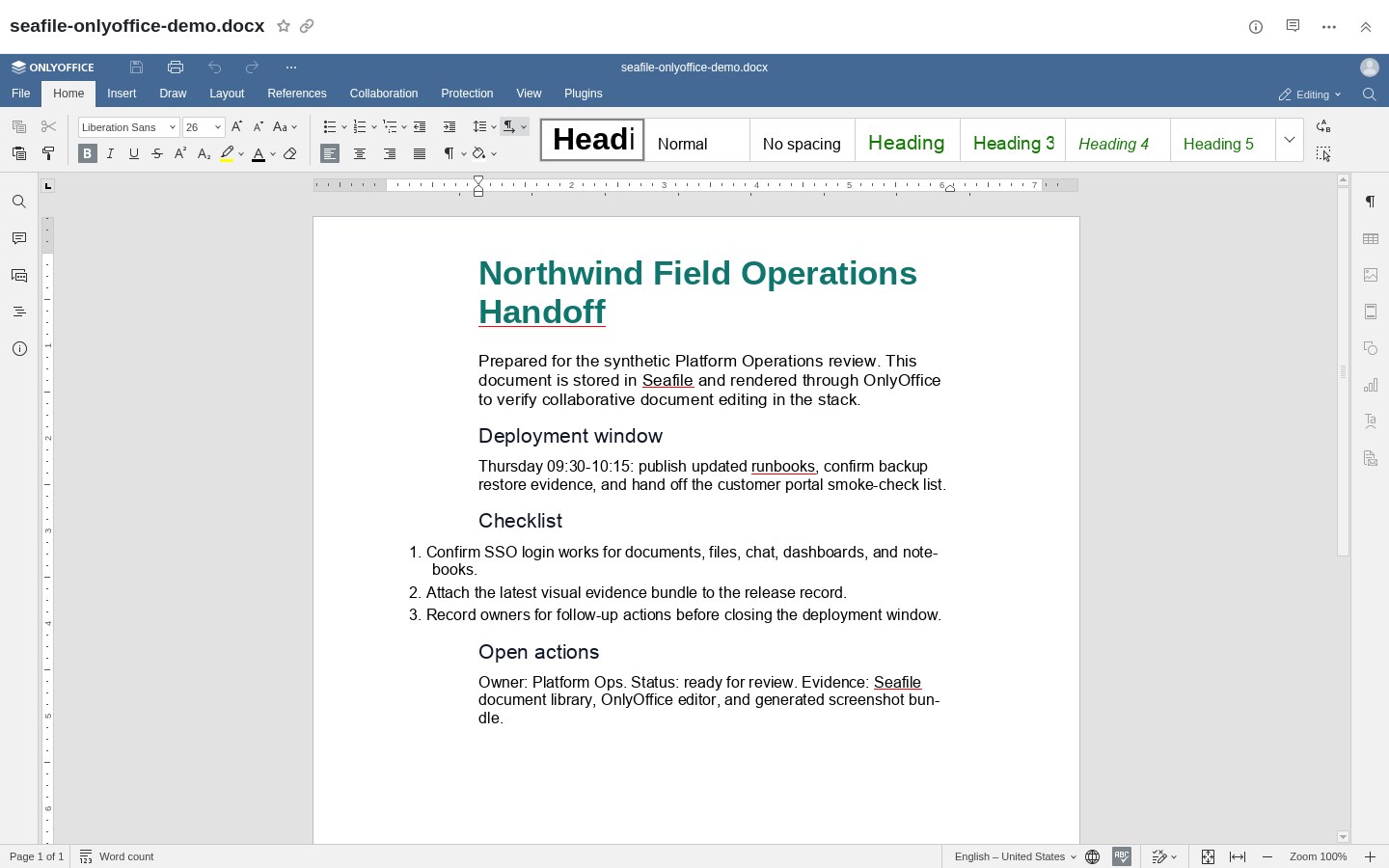 OnlyOffice editor displaying a populated operations handoff document