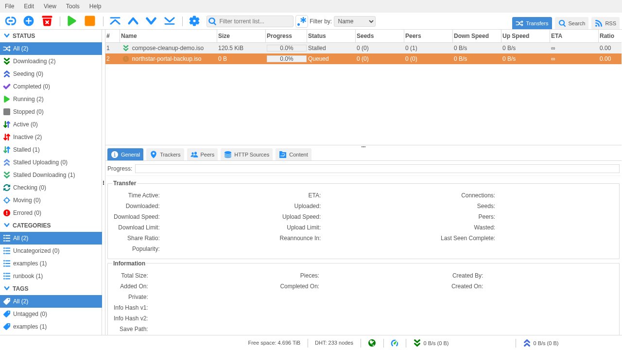 qBittorrent transfer table populated with example files