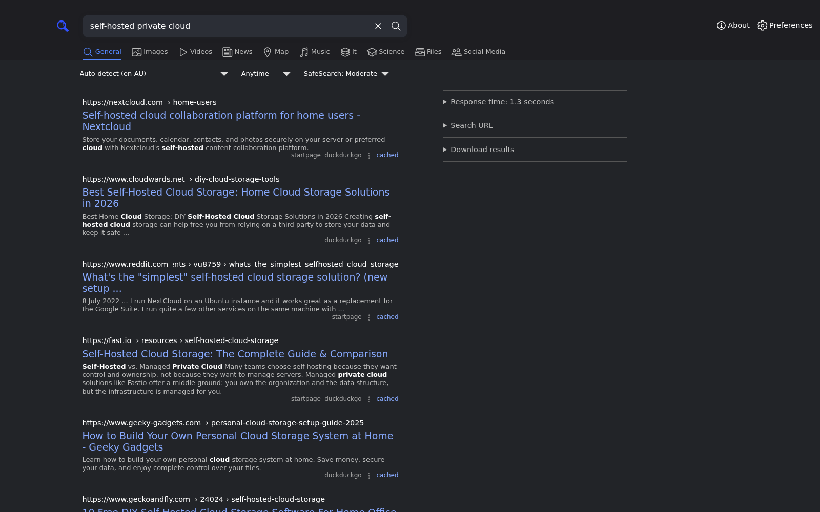 SearXNG results page for self-hosted private cloud, with results aggregated from Startpage and DuckDuckGo